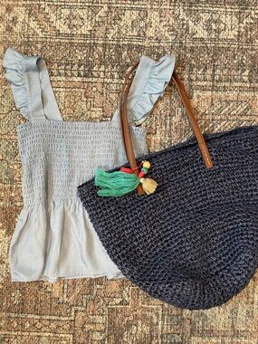 Chloe + Isabel Navy Raffia Tote Bag Tassel Detail Woven Beach Coastal Large